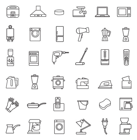 Household appliances line icon set in minimalist style. Black line sign on white background. Rice cooker, boiler, dryer, cooker hood, electric dril, blender, kettle, toaster and otherのイラスト素材
