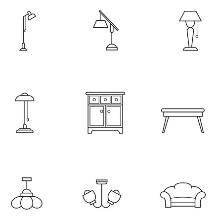 Basic Furniture thin line icon set in minimalist style. Black line sign on white background. Couch, table, floor lamp and otherのイラスト素材