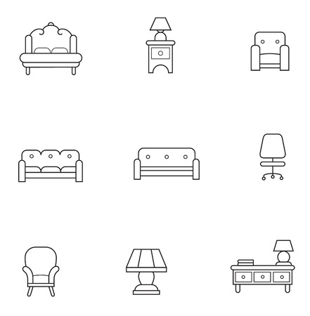 Basic Furniture thin line icon set in minimalist style. Black line sign on white background. Armchair, sofa, nightstand, night lightp and otherのイラスト素材