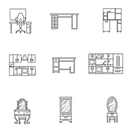 Basic Furniture thin line icon set in minimalist style. Black line sign on white background. Computer armchair, table, kitchen, dressing table and otherのイラスト素材