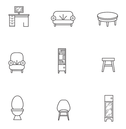 Basic Furniture thin line icon set in minimalist style. Black line sign on white background. Chair, table, divan, toilet, wardrobe and otherのイラスト素材