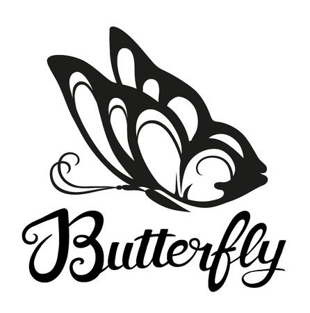 Butterfly lettering and illustration. Vector lettering with illustration for signboard or other kind of design. Calligraphic black hand drawn fontのイラスト素材