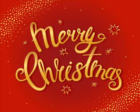 Merry Christmas greeting card with bright gold lettering and shadow. Golden texture effect vector lettering for banners or card on a red background. Calligraphic hand drawn font. Font compositionのイラスト素材