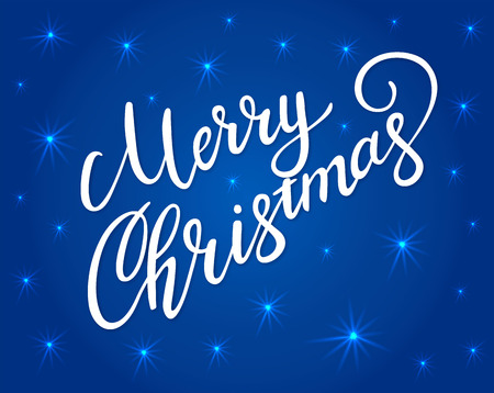 Merry Christmas greeting card with bright white lettering and shining stars.  Vector lettering for banners or card on a dark blue background. Calligraphic hand drawn font. Font compositionのイラスト素材