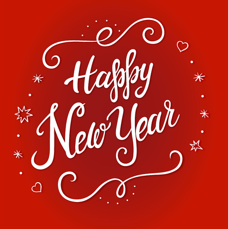 Happy New Year greeting card with white lettering hearts and stars.  Vector lettering for banners or card on a red background. Calligraphic hand drawn font. Font compositionのイラスト素材
