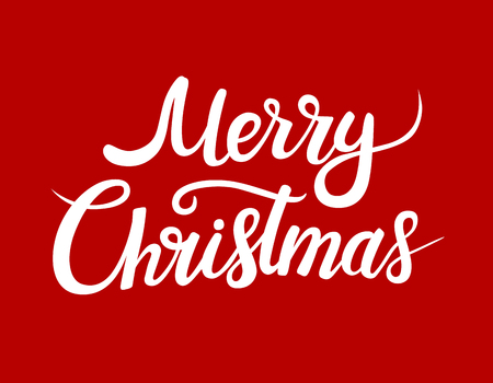 Merry Christmas greeting card with white lettering.  Vector lettering for banners or card on a red background. Calligraphic hand drawn font. Font compositionのイラスト素材