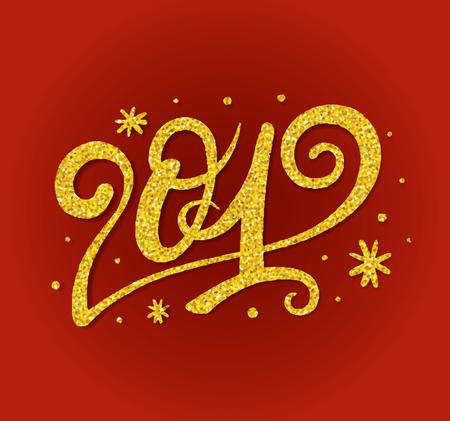 New year 2019 greeting card with texture gold lettering and stars. Golden texture effect vector lettering for banners or card on a red background. Calligraphic hand drawn font. Font compositionのイラスト素材