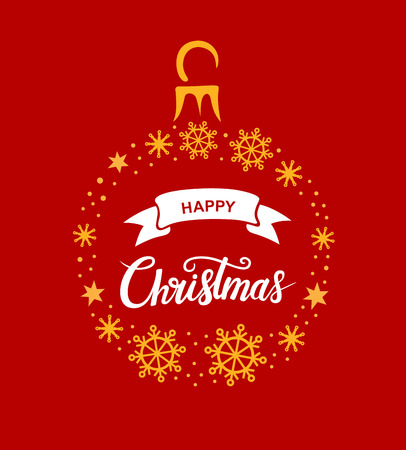 Merry Christmas lettering designs. Vector white and yellow illustrations in a Chrismas toy shape on a red background. Calligraphic hand drawn fontのイラスト素材
