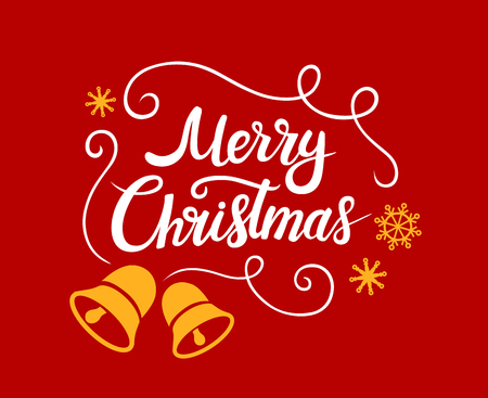 Merry Christmas lettering designs. Vector white and yellow illustrations with snowflakes bells on a red background. Calligraphic hand drawn fontのイラスト素材