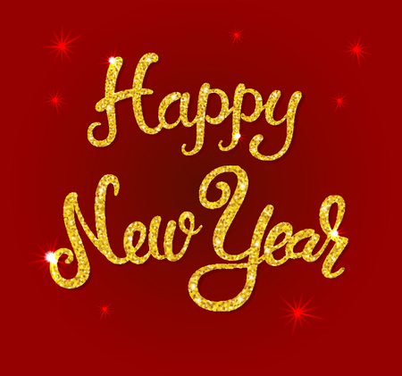 New year greeting card with gold texture lettering stars and shadow. Golden texture effect vector lettering for banners or card on a red background. Calligraphic hand drawn font. Font compositionのイラスト素材