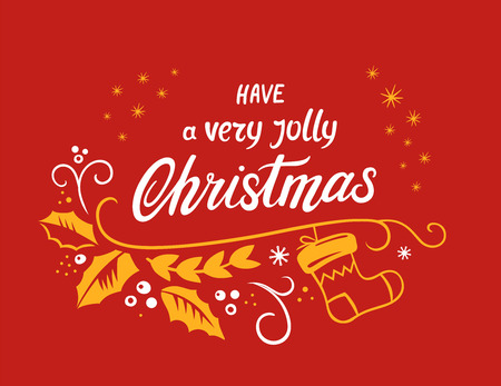 Very jolly Christmas lettering designs. Vector white and yellow illustrations for posters t-shirt or postcard on a red background. Calligraphic hand drawn fontのイラスト素材