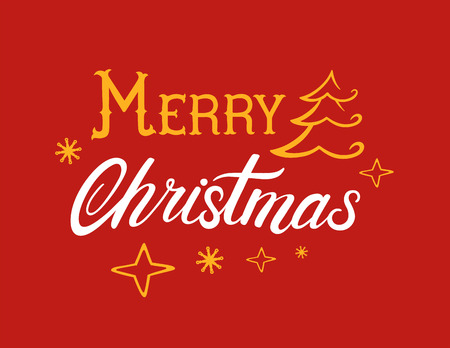 Merry Christmas card with lettering. Vector white and yellow illustrations with a Christmas tree stars and snowflakes shape on a red background. Decorative calligraphic hand drawn fontのイラスト素材
