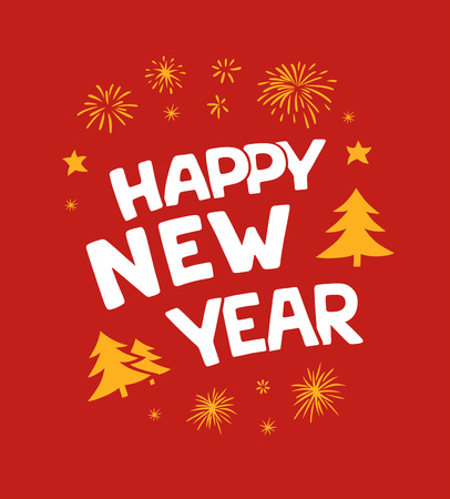 New year lettering designs. Vector white and yellow illustrations with fireworks stars and Christmas trees for posters banners t-shirt or card on a red background. Hand drawn fontのイラスト素材