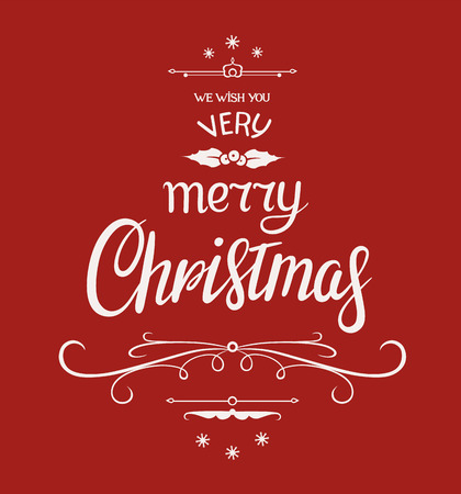 Merry Christmas greeting card with white lettering. Typographical background for Christmas card or sticker. Vector letters on a dark red background. Calligraphic hand drawn font compositionのイラスト素材