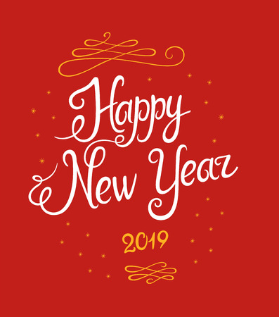 New year 2019 lettering designs. Vector white and yellow illustrations for posters banners or card on a red background. Calligraphic hand drawn fontのイラスト素材