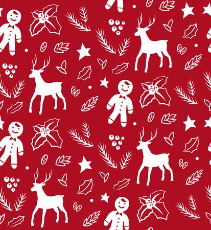 Vector white seamless pattern on a red background. Merry Christmas and New Year illustrations. Gingerbread man deer holly and otherのイラスト素材