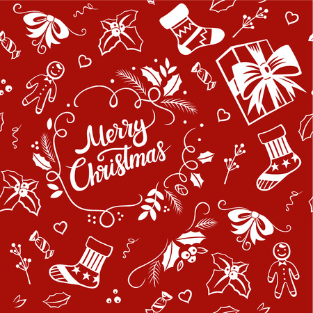 Vector white seamless pattern on a red background. Merry Christmas and New Year illustrations and lettering font composition. Gingerbread man holly sock needles candy gift and otherのイラスト素材