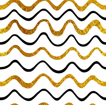 Geometric waves vector gold and black glittering seamless pattern on white background. Merry Christmas and New Year wrapping paperのイラスト素材