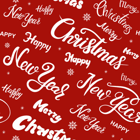 Vector white seamless pattern on a red background. Merry Christmas and New Year snowflakes and lettering font compositionのイラスト素材