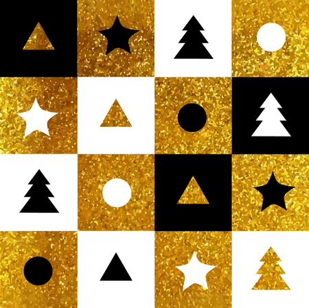 Geometric vector gold and black glittering seamless pattern on white background. Merry Christmas and New Year wrapping paperのイラスト素材