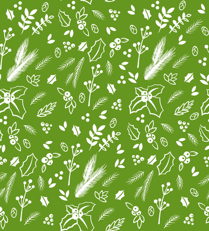 Vector white seamless pattern on a green background. Merry Christmas and New Year illustrations with herbal composition. Holly mistletoe needles pine cones and otherのイラスト素材