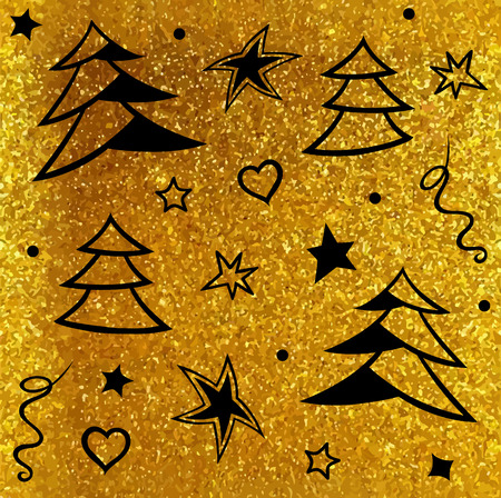 Vector black pattern on a gold glittering textured background. Merry Christmas and New Year wrapping paper with Christmas symbols illustrationsのイラスト素材