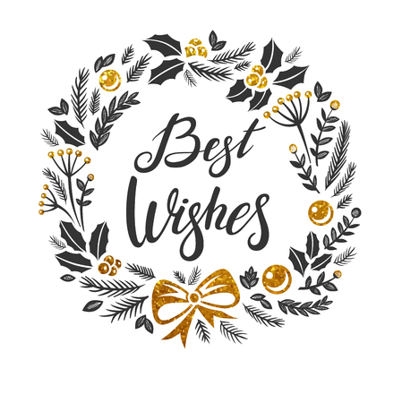 Best wishes Christmas greeting card with lettering designs. Vector dark grey and gold textured  illustrations with Christmas wreath on a white background. Calligraphic hand drawn fontのイラスト素材