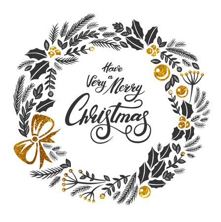 Very Merry Christmas greeting card with lettering designs. Vector dark grey and gold textured  illustrations with Christmas wreath on a white background. Calligraphic hand drawn fontのイラスト素材