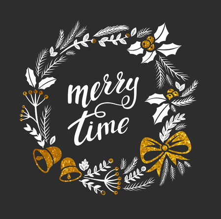 Merry time Christmas greeting card with lettering designs. Vector white and gold textured  illustrations with Christmas wreath on a dark grey background. Calligraphic hand drawn fontのイラスト素材