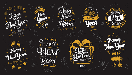 New Year 2019 lettering designs set. Vector white and yellow illustrations for posters t-shirt or postcard on a black background. Calligraphic hand drawn fontのイラスト素材