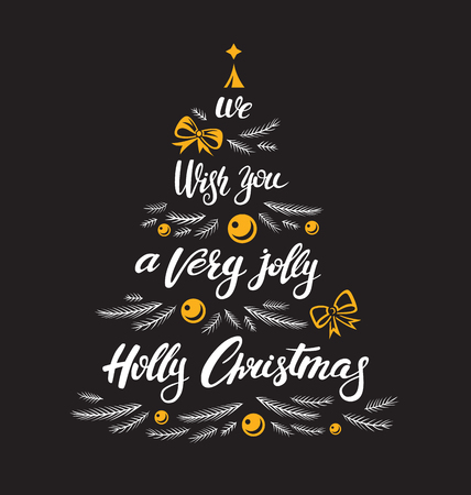 Christmas greeting card with lettering. White vector inscription for banners or card or other kind of design on a black background. Calligraphic hand drawn font composition in the shape of a Christmas tree with a yellow toys and bowsのイラスト素材