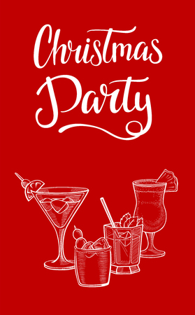 Christmas party flyer with white lettering and cocktails sketches. White vector lettering for banners or card on a red background. Hand drawn calligraphic font and illustration. Font compositionのイラスト素材