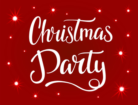 Christmas party banner with white lettering and bright stars. White vector lettering for flyers or card on a red background. Hand drawn calligraphic font and illustration. Font compositionのイラスト素材