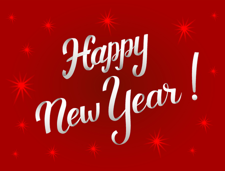 Happy New Year greeting card with white volume lettering design. Vector lettering for banners or card on a red background with stars. Calligraphic hand drawn font compositionのイラスト素材