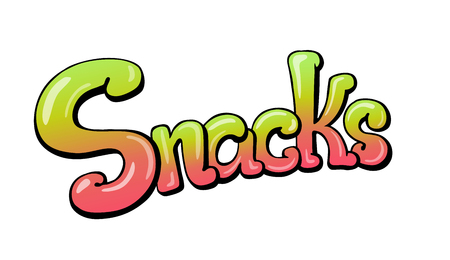 Snacks handwritten lettering. Restaurant cafe menu title. Calligraphic graffiti comic style headline. Colorful bright volume font. Vector typographic pop-art inscriptionのイラスト素材