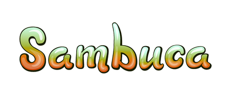 Sambuca handwritten lettering. Restaurant cafe menu title. Calligraphic graffiti comic style headline. Colorful bright volume font. Typographic pop-art inscription for bar menu poster sticker labelのイラスト素材