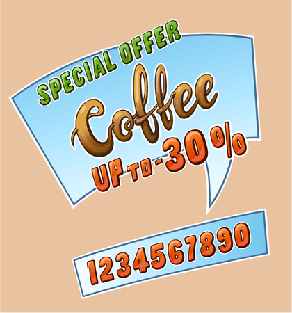 Coffee promo sticker for cafe restaurant or store and set of numbers up to. Comic style handwritten lettering. Exclamation for sale. Colorful volume font. Vector typographic pop-art inscriptionのイラスト素材