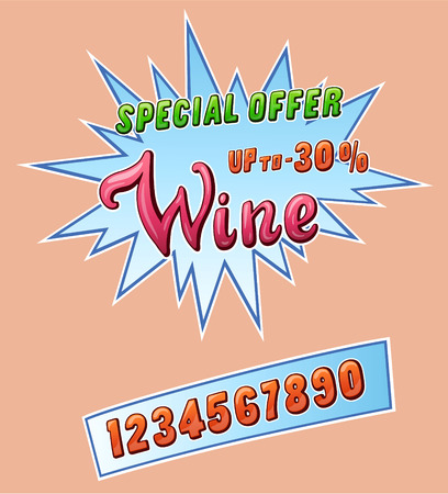 Wine promo sticker for cafe restaurant or store and set of numbers up to. Comic style handwritten lettering. Exclamation for sale. Colorful volume font. Vector typographic pop-art inscriptionのイラスト素材