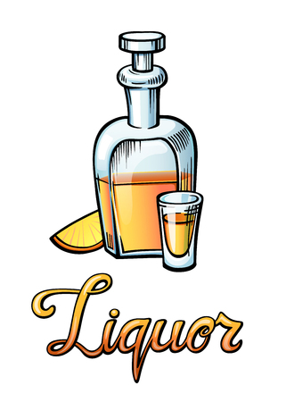 Liquor lettering. Restaurant cafe bar menu title with a carafe glass pice of a fruit illustration. Calligraphic headline. Colorful bright volume font. Typographic pop-art inscription for posterのイラスト素材