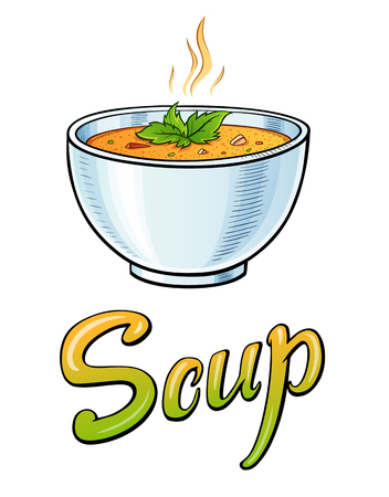 Soup lettering and illustration. Restaurant cafe bar menu title. Soup in a deep plate with green leaves. Calligraphic headline. Colorful bright volume font. Typographic pop-art inscriptionのイラスト素材