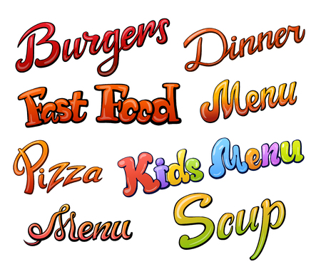 Set of menu handwritten lettering. Restaurant cafe menu title. Calligraphic comic style headline. Colorful bright volume font. Soup grill starters and otherのイラスト素材