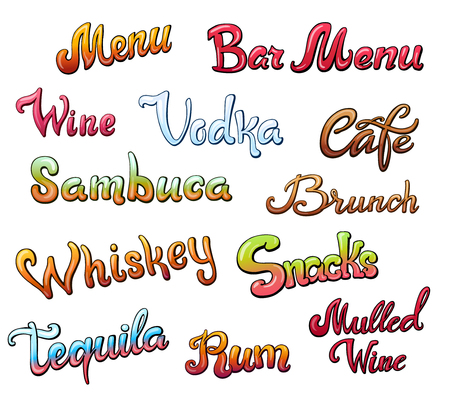Set of menu handwritten lettering. Restaurant cafe menu title. Calligraphic comic style headline. Colorful bright volume font. Wine snacks whiskey and otherのイラスト素材
