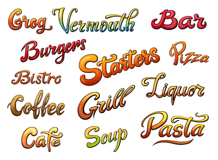 Set of menu handwritten lettering. Restaurant cafe menu title. Calligraphic comic style headline. Colorful bright volume font. Grog burgers coffee and otherのイラスト素材