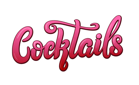 Cocktails handwritten lettering. Restaurant cafe menu title. Calligraphic comic style headline. Colorful bright volume font. Vector typographic pop-art inscriptionのイラスト素材