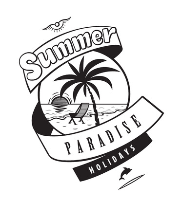 Summer paradise holidays emblems or logo badge hand drawn calligraphy. Black vector lettering design for vacation tour on a white background. Typographic symbol with sea and yachtのイラスト素材