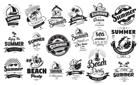 Summer holidays emblems or logo badge set with hand drawn calligraphy. Black vector lettering design for vacation tour on a white background. Typographic symbol with palms flowers bird and otherのイラスト素材