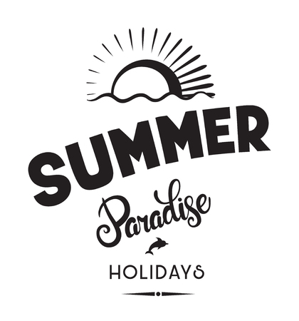 Summer paradise holidays emblems or logo badge hand drawn calligraphy. Black vector lettering design for vacation tour on a white background. Typographic symbol with sun and dolphinのイラスト素材
