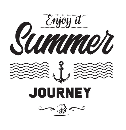 Summer journey emblems or logo badge with hand drawn calligraphy. Black vector lettering design for vacation tour on a white background. Typographic symbol with an anchorのイラスト素材