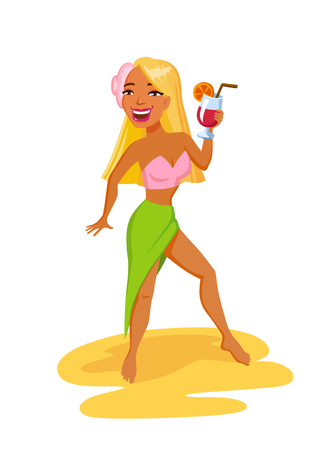 Young Girl dancing at a summer beach party. Blond haired young woman holds cocktail in hand. She is wearing a pink top and a green pareoのイラスト素材