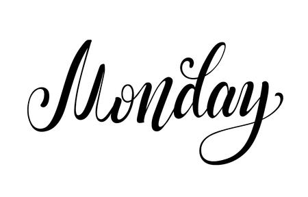 Monday handwritten lettering design. Calligraphic name of the day of the week. Black font on a white background. Vector typographic inscriptionのイラスト素材